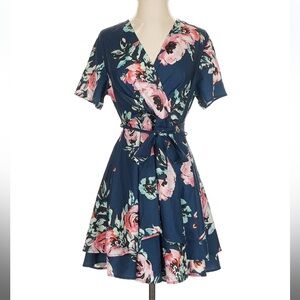 NEW Floral Wrap Style Dress in Navy and Pink Size S